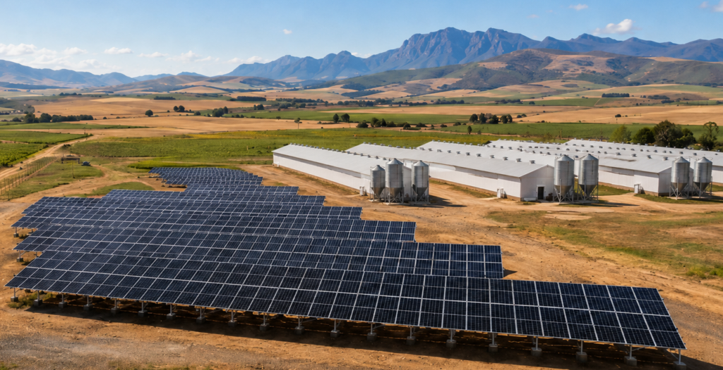 Resilient broiler farming  inside a large commercial South African poultry farm with visible solar back-up energy.