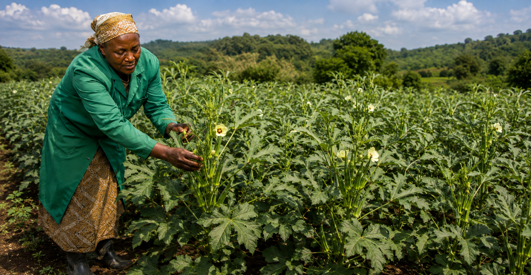 Climate-smart okra farmer in Limpopo tending a robust okra crop producing healthy green pods under warm South African growing conditions.