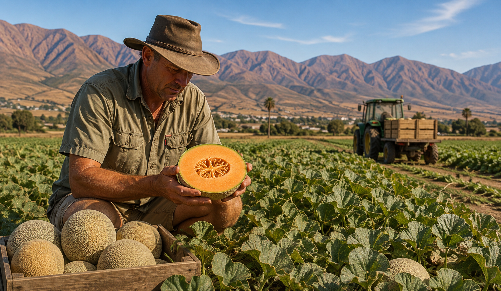 South African farmer inspecting ripe spanspek in a melon field, highlighting profitable spanspek farming for the festive summer market.
