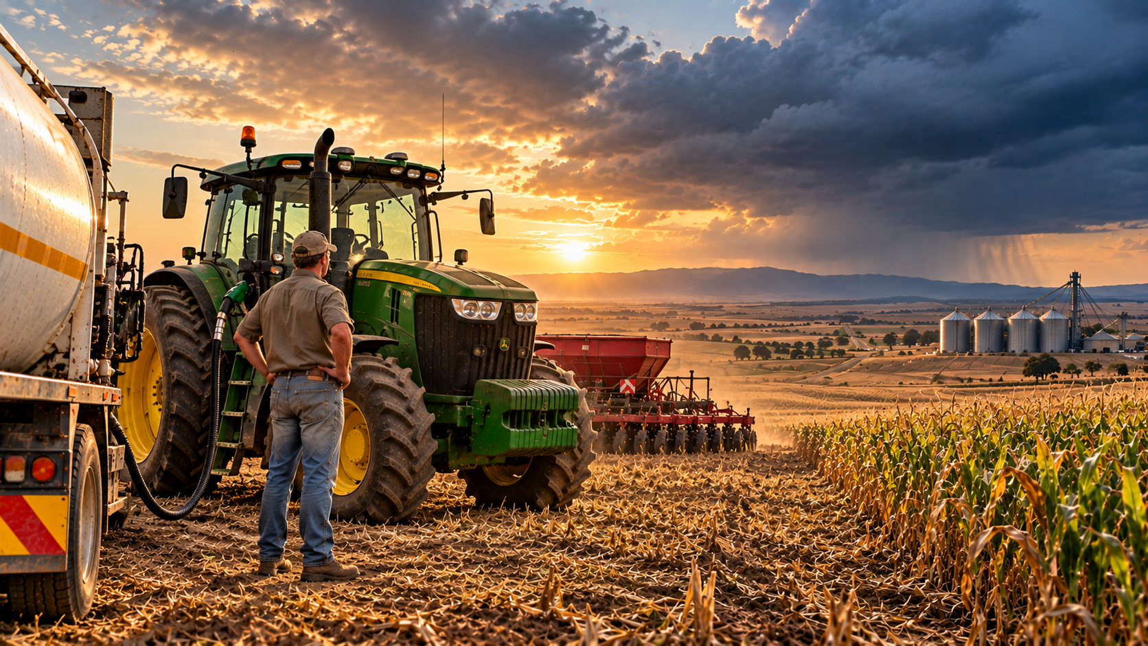 South African farmer beside a tractor being refuelled on a dry grain farm, with maize, wheat, fertiliser equipment and storm clouds illustrating rising farming costs and El Niño risk ahead of 2027.
