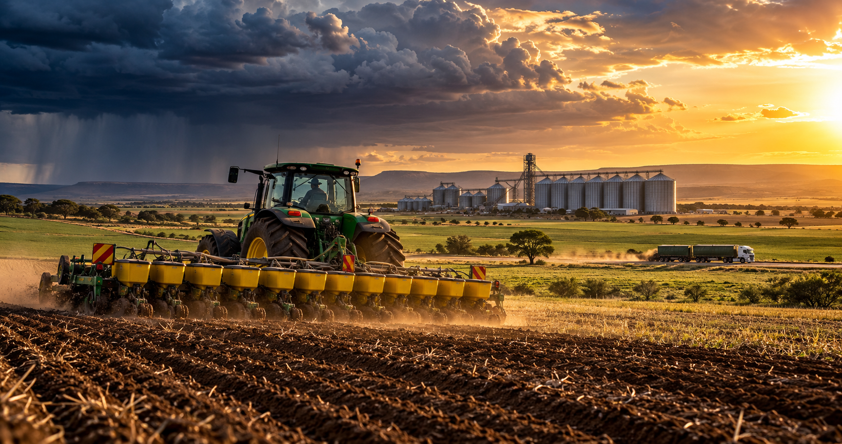 A tractor plants maize in a South African field beneath storm clouds and golden sunlight, with grain silos and a truck in the distance, illustrating farmers caught in the global crossfire of El Niño, rising diesel and fertiliser costs, and uncertain farm profitability in 2027.