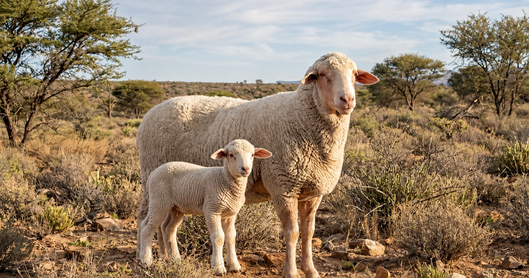 Merino ewe and lamb standing together in the South African veld, illustrating profitable sheep farming through wool and lamb production.